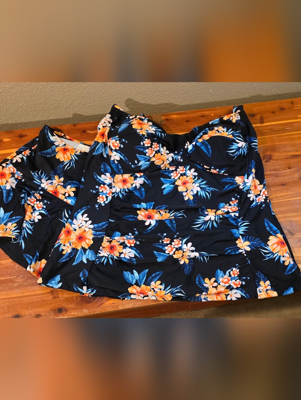 Evans Black Floral Ruched Camisole Tank Top & Bikini Skirt Set